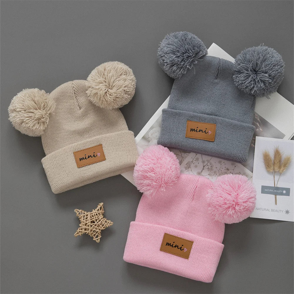 3pcs Breathable Stretchy Infant Knit Beanie with Heart Pompoms | Hand Washable, Mixed Colors