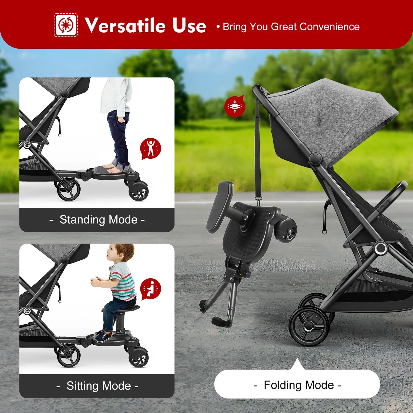 Sit and Stand Stroller, 2-in-1 Universal Stroller Board with Comfortable Cushion Flexible Adjustment Holds Children