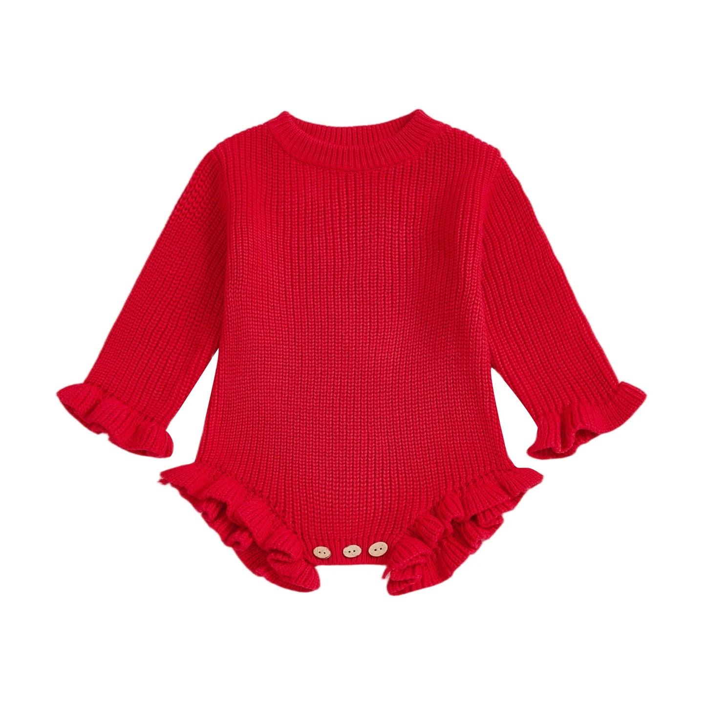 Suefunskry Newborn Baby Fall Winter Knitted Sweater Romper Solid Color Long Sleeve Round Neck Ruffled Sweater Jumpsuit