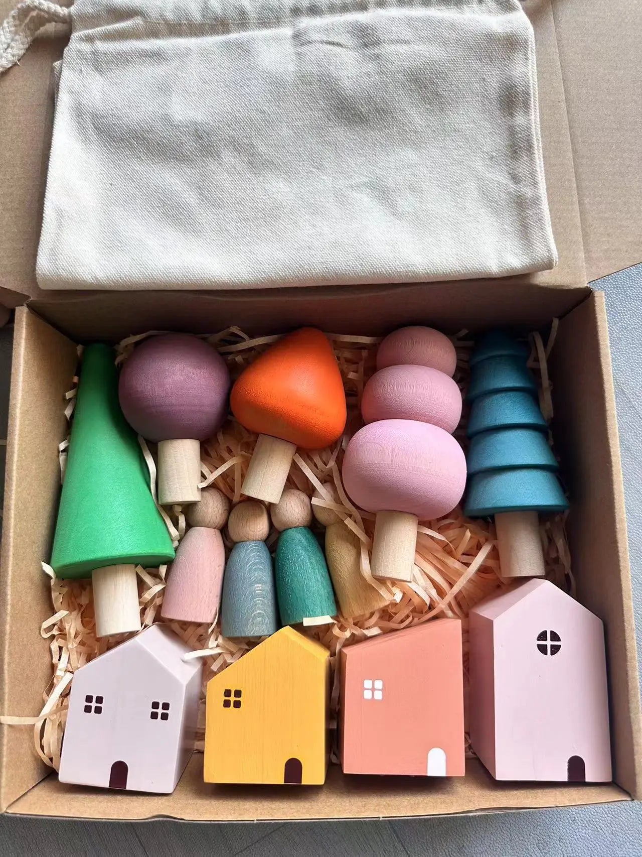 Kids Wooden Toys Pastel Building Blocks Stacking Crochet House  Animals Rainbow Forest Trees