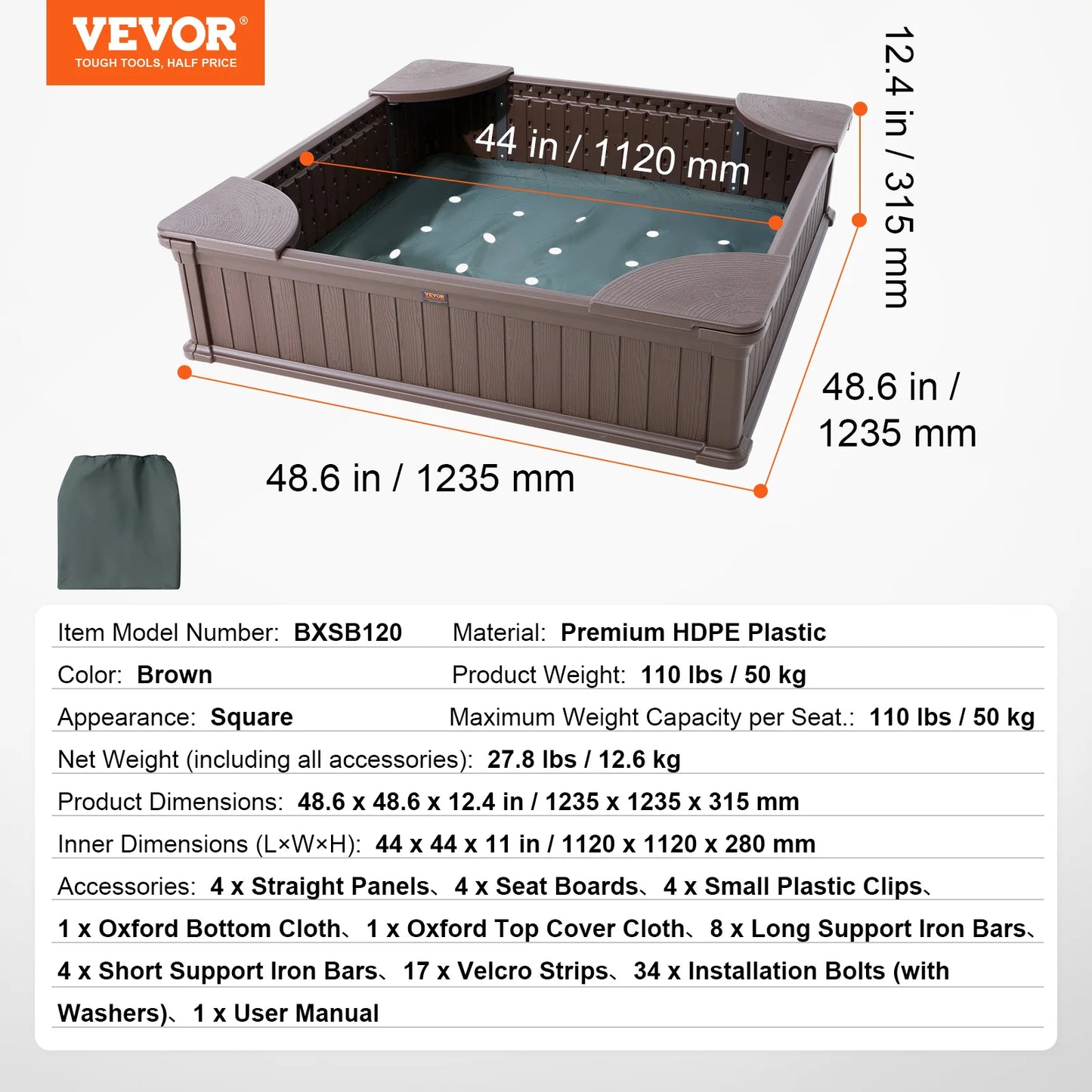 SucceBuy Sandbox with Cover in Square Sand Box Sand Pit with 4 Corner Seating and Bottom Liner Kids Sandbox for Outdoor for Kids