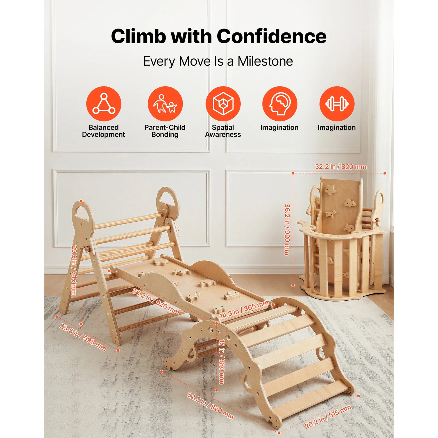 SucceBuy 150 lbs Pikler Triangle Set 9-in-1 Toddler Climbing Toys Indoor with Cushion Triangle Arch and Ramp for Toddlers Kids