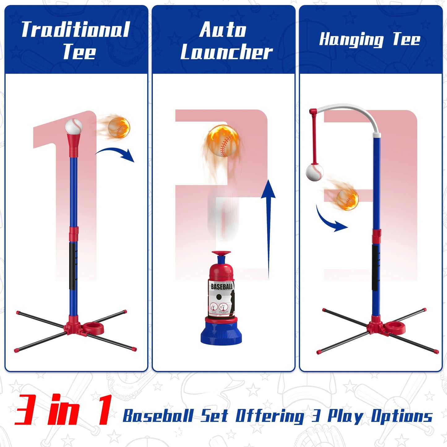 3-in-1 Baseball Set for Kids with Auto Pitching Machine | Tee Ball Stand, Hanging Tee, Ball Launcher and 6 Softballs - Adjustable Height, Indoor/Outdoor Sport Gifts for Boys Girls