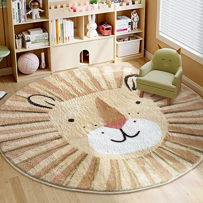 Lion Pattern Carpets for Living Room Fluffy Soft Children Mat Thick Plush Bedside Rug Cartoon Style Bedroom Decor Round Carpet
