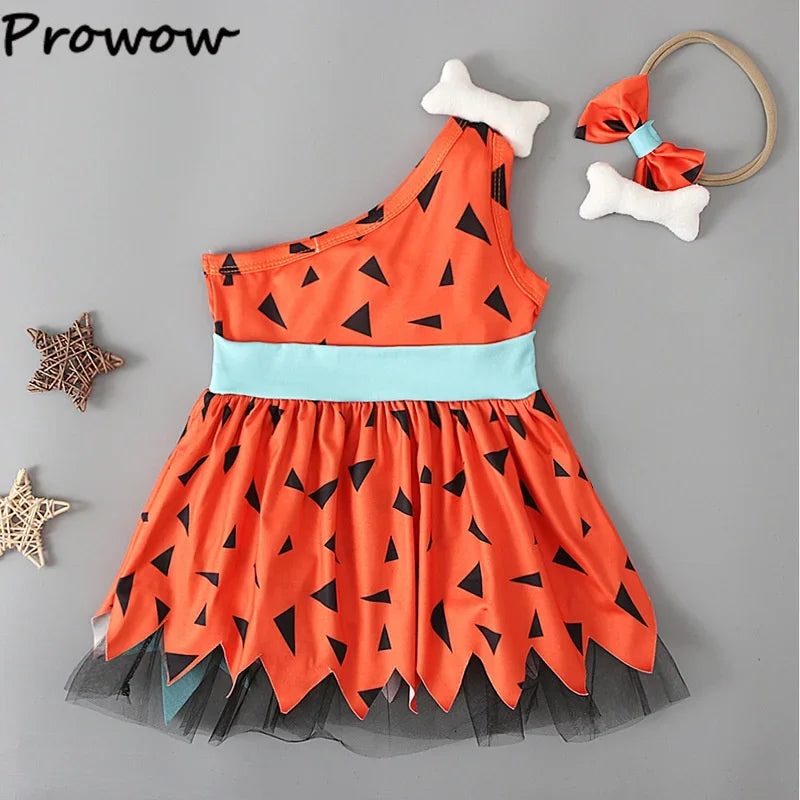 Prowow Baby Caveman Dresses One Shoulder Orange Halloween Dress For Girls Party Dress Toddler Party Halloween Costume For Baby