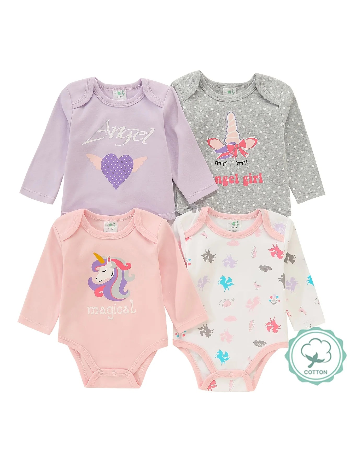 4pcs Baby Girls Long Sleeve Bodysuits, 100% Cotton Crotch Snap Rompers, Cute Print Outfits, Newborn Hospital Essentials |, Perfect for Outdoor