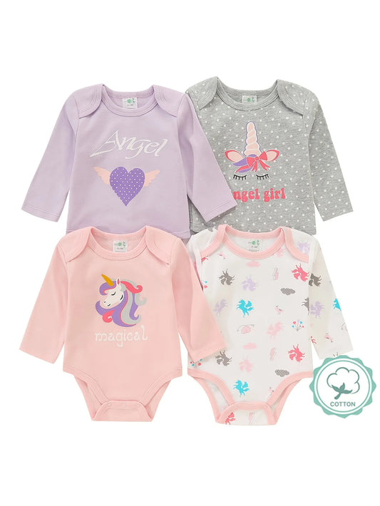 4pcs Baby Girls Long Sleeve Bodysuits, 100% Cotton Crotch Snap Rompers, Cute Print Outfits, Newborn Hospital Essentials |, Perfect for Outdoor