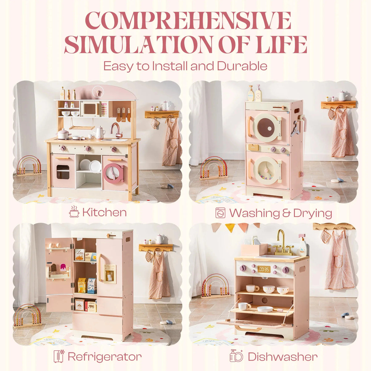 Kids Wooden Pink Play Kitchen All in 1 Corner Set Includes Oven Refrigerator Washer Perfect Birthday Gift for Little Chefs