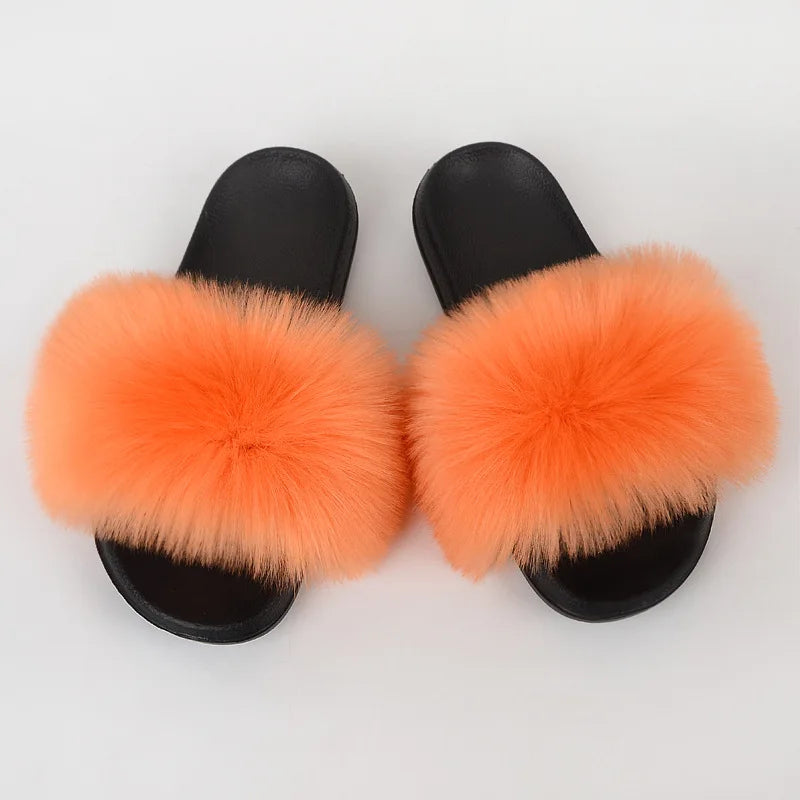 Children Slides Faux Fox Fur Slippers Kids Fluffy Raccoon Sandals Fashion Furry Home Flat Flip Flops Baby Girls Cute Plush Shoes