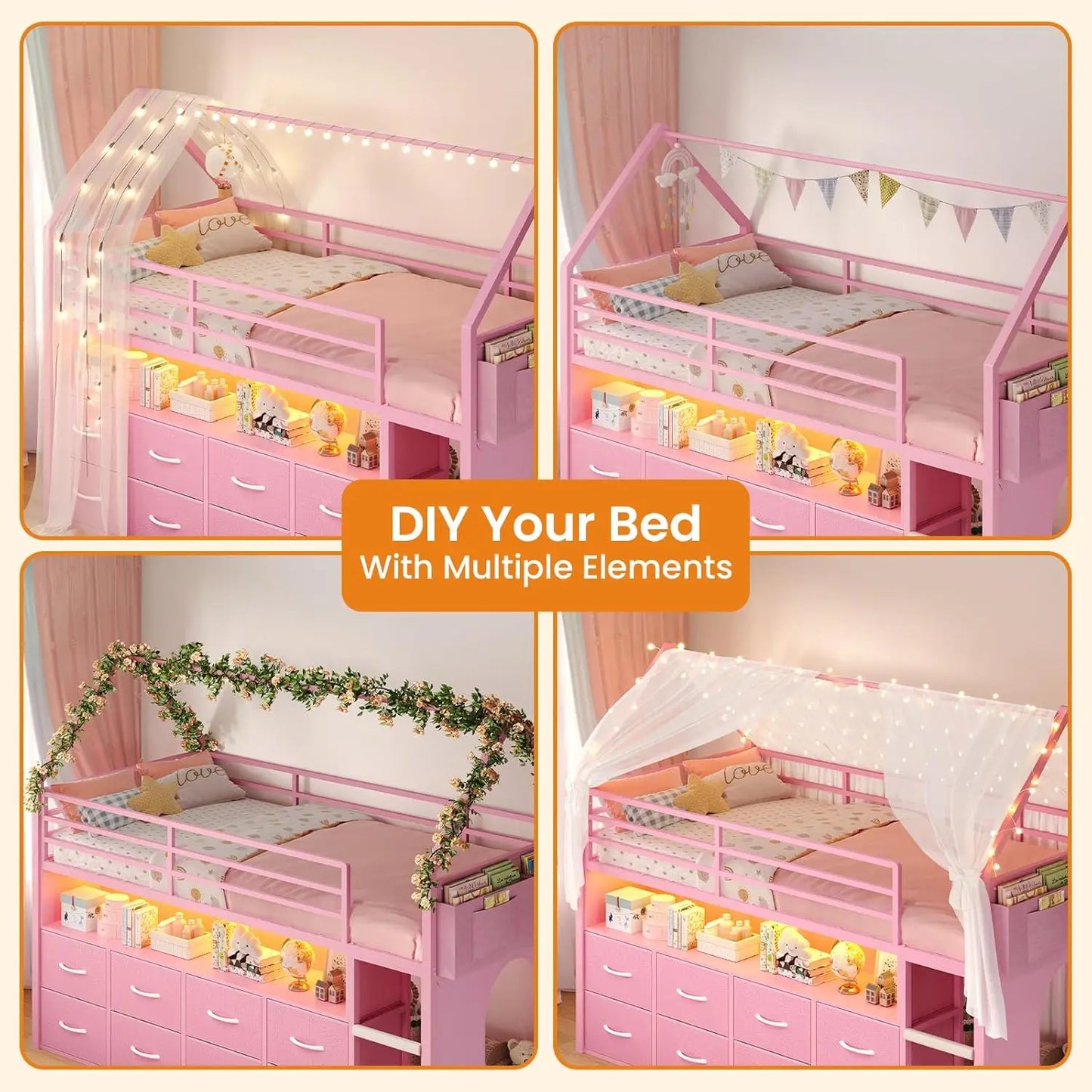 Twin Size Loft Bed for Kids, 8 Storage Drawers & LED Lights, House Shaped Metal Bed with Bookcase, Soft Foam Ladder, 13.4