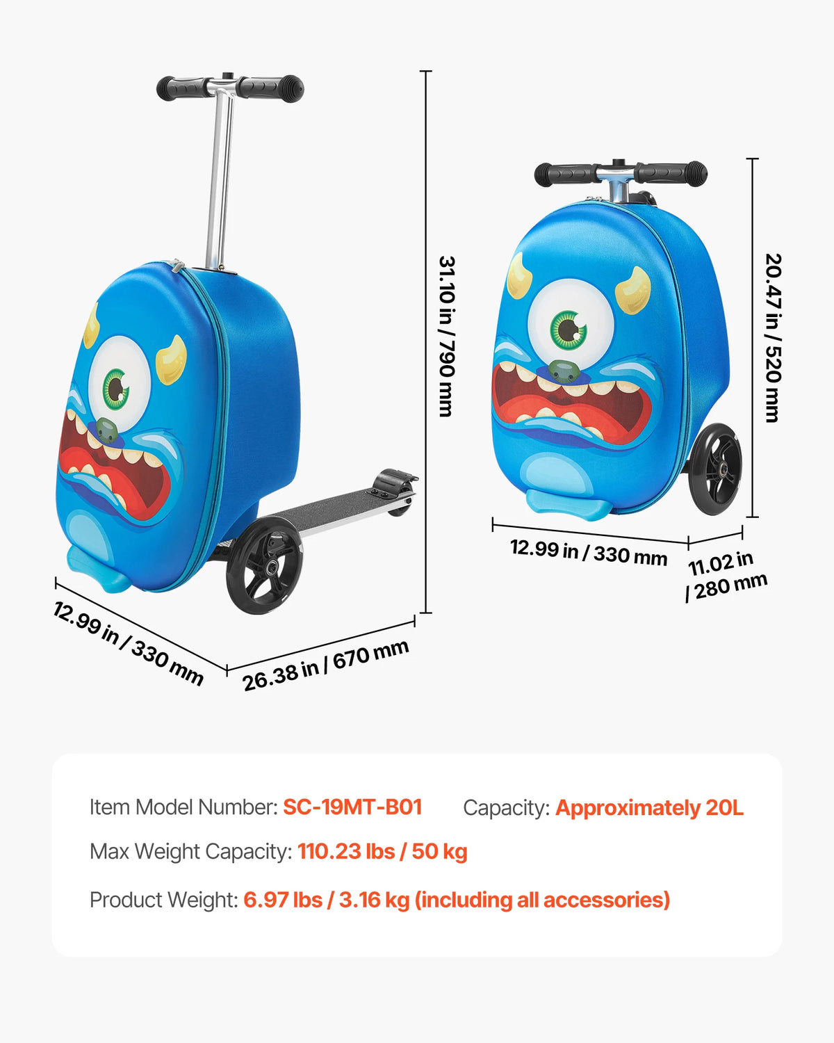 20in Ride-on Luggage 20L Kids Scooter Suitcase with Flash PU Wheels & Adjustable Handle Foldable Luggage for Children