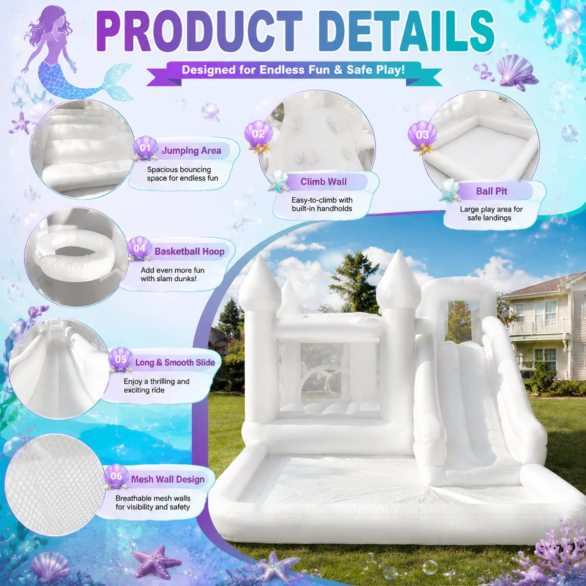 14FT Spire-Top Inflatable Bounce House White with Slide Large Ball Pit Middle Play Zone Portable Bouncy Castle for Kids Birthday/Party