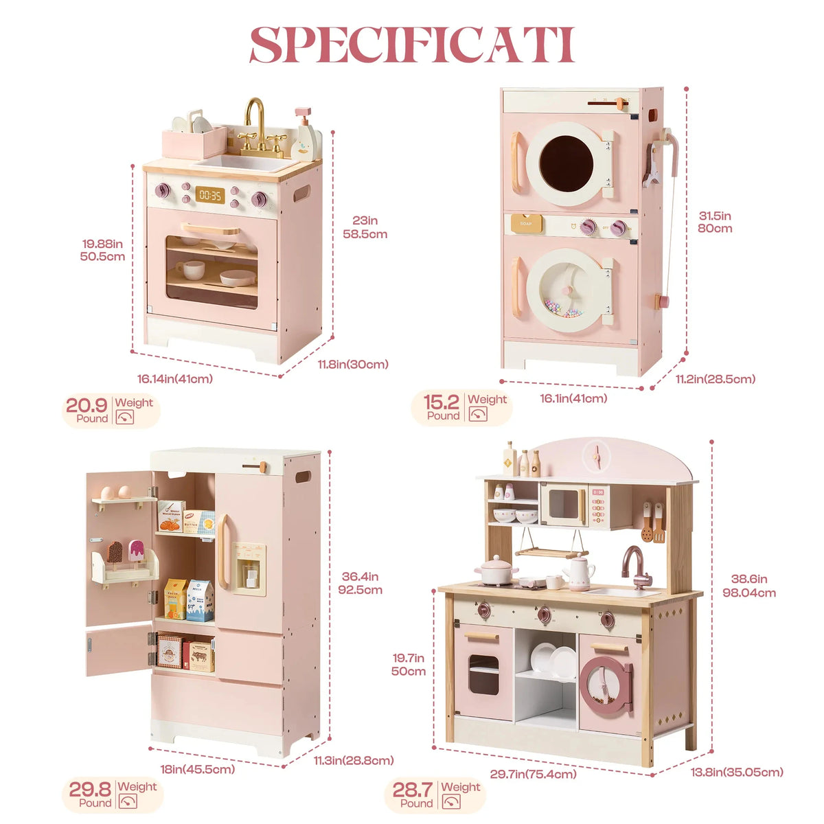 Kids Wooden Pink Play Kitchen All in 1 Corner Set Includes Oven Refrigerator Washer Perfect Birthday Gift for Little Chefs
