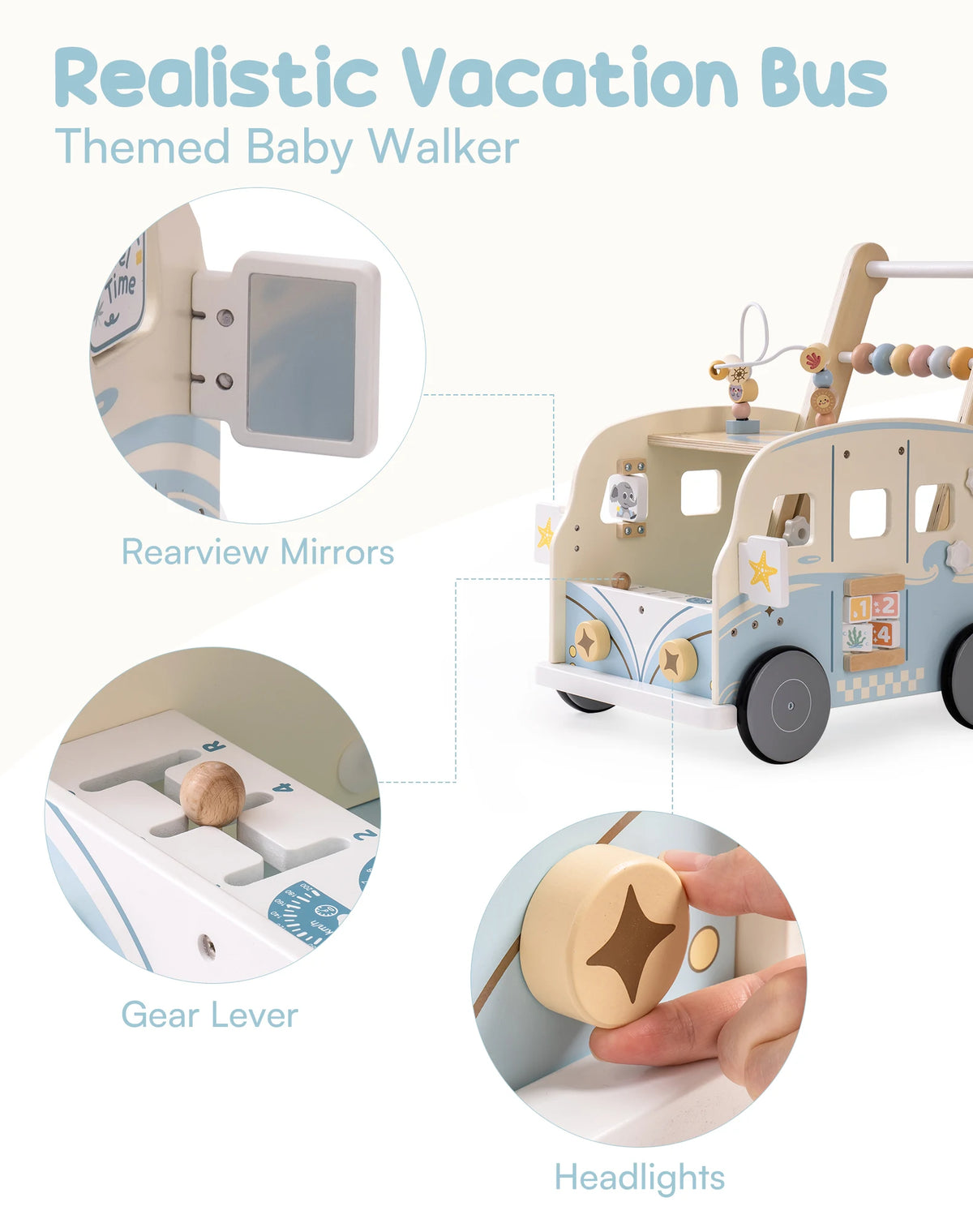 Blue Bus Baby Theme Activity Walker Push Walker Develop Motor Skills Imagination Perfect Birthday Gift for Toddlers