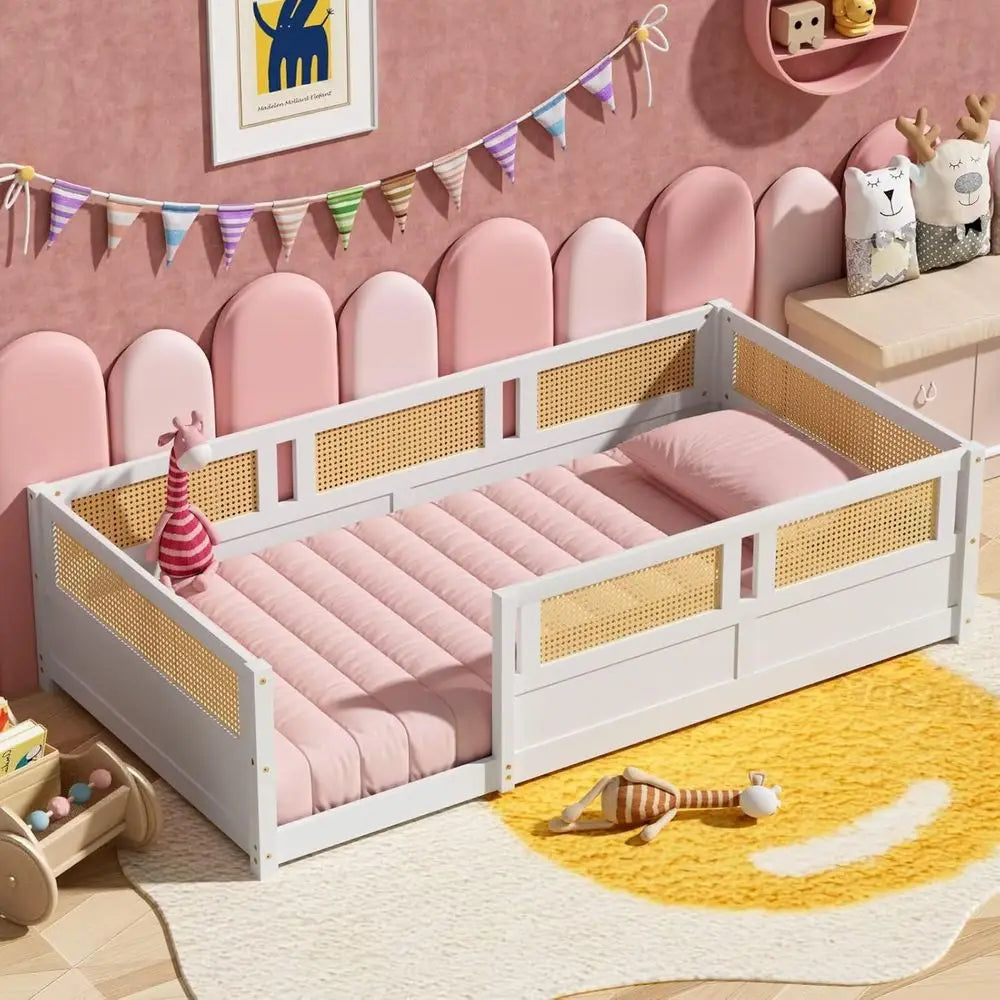Twin Size Rattan High-End Platform Bed with Slats, Suitable for Children and Teens, White