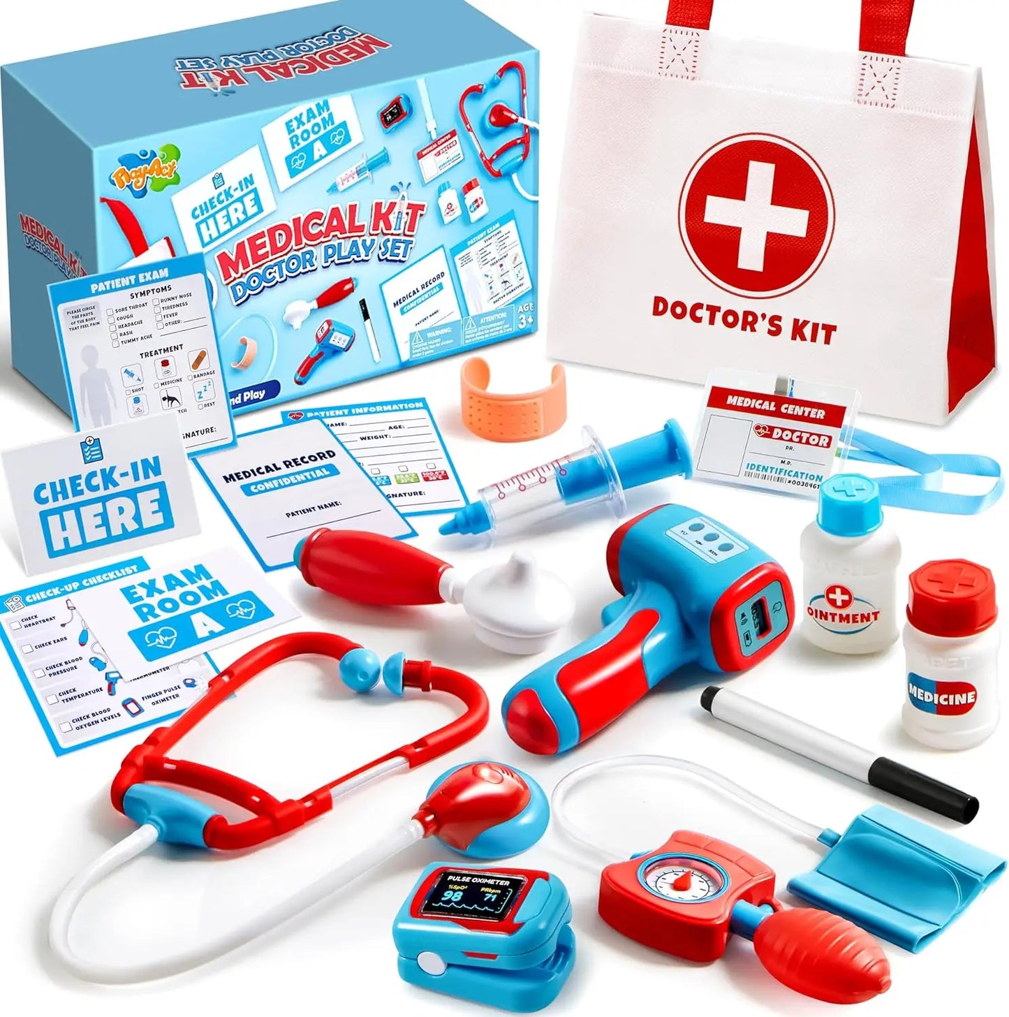 Kids Doctor Kit 16Pcs Pretend Play Medical Kit with Realistic Toy Stethoscope Reusable Record Cards for Toddlers Ages 3+