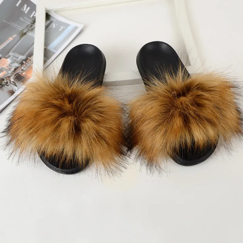 Children Slides Faux Fox Fur Slippers Kids Fluffy Raccoon Sandals Fashion Furry Home Flat Flip Flops Baby Girls Cute Plush Shoes