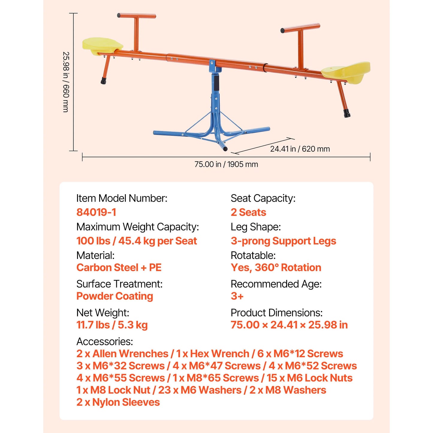 Kids Seesaw 100Lbs Per Seat Sit & Spin Teetertotter with 3 Support Legs for Children Outdoor Playground Equipment