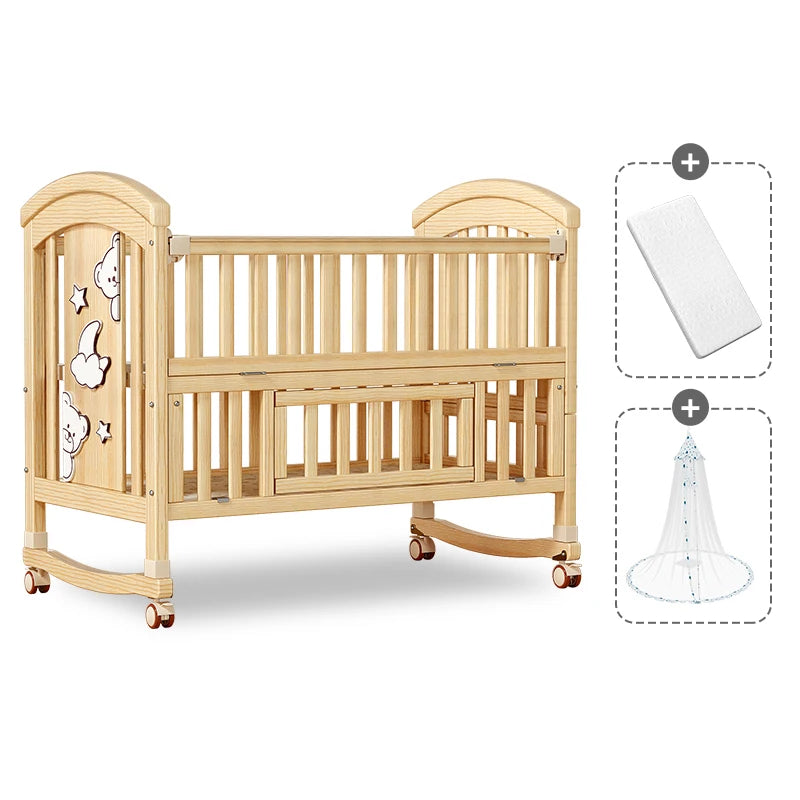 Wood Baby Crib with Diaper Table Newborn Baby Bed Multifunctional Baby Rocking Bed with Wheels and Mosquito Net