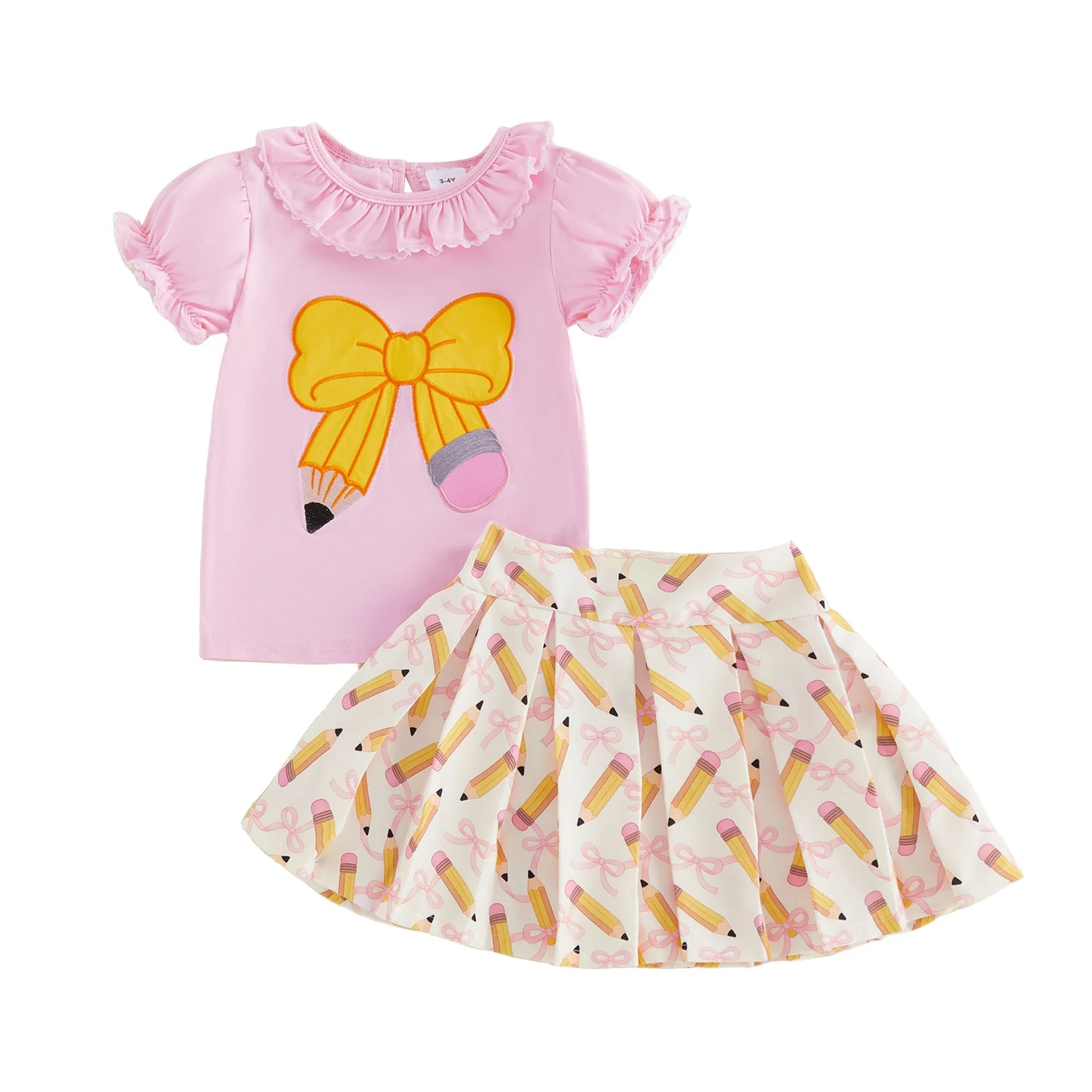 Girls Back to School Outfit Floral Print Ruffle Sleeve Blouse Denim Skirt 2 Piece Set with Bow Detail