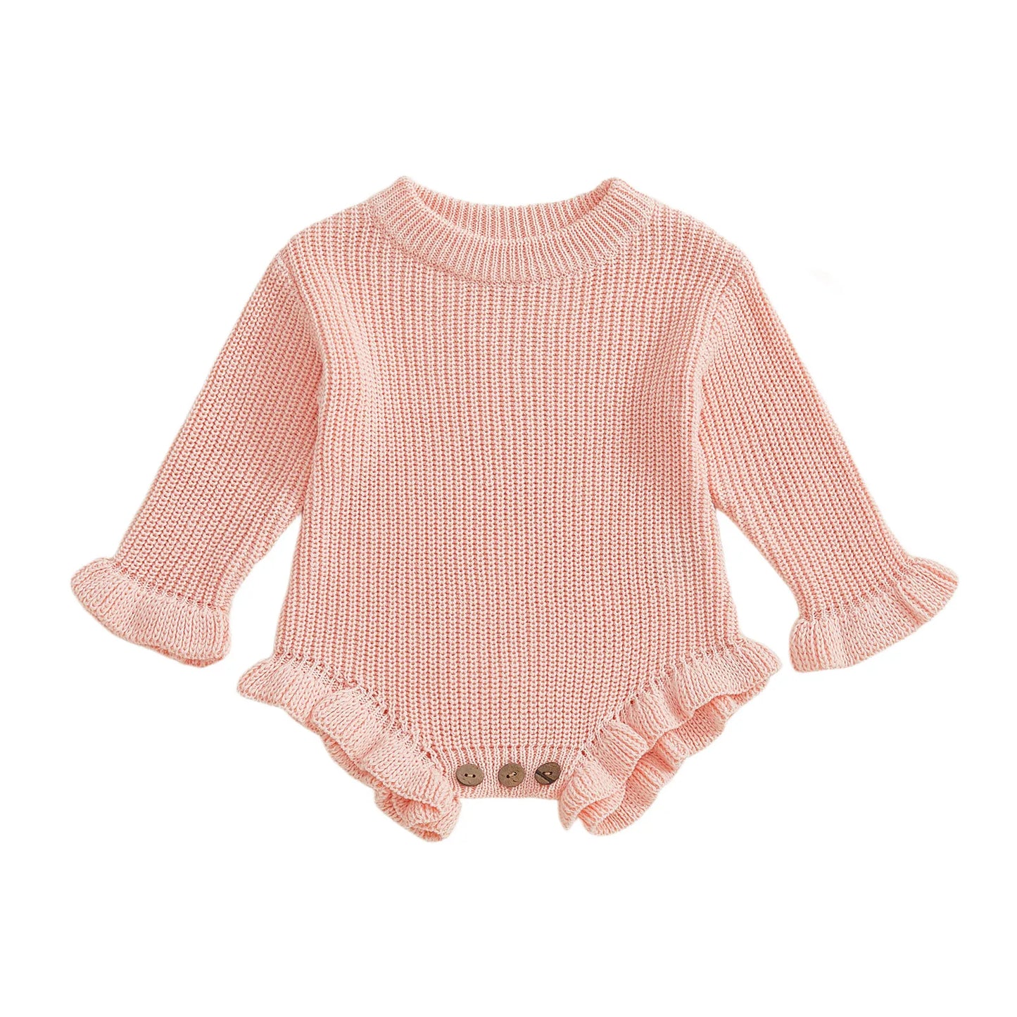 Suefunskry Newborn Baby Fall Winter Knitted Sweater Romper Solid Color Long Sleeve Round Neck Ruffled Sweater Jumpsuit