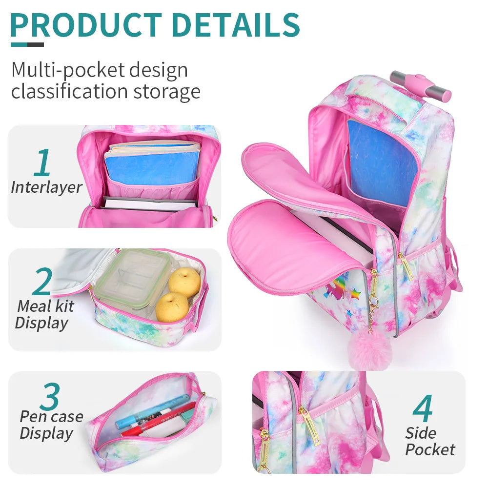 3PCS Kids travel bag, Luggage Bag, Bookbag with wheels, With Lunch Box And Pen Bag, Pink Cartoon Unicorn, Nighttime reflective