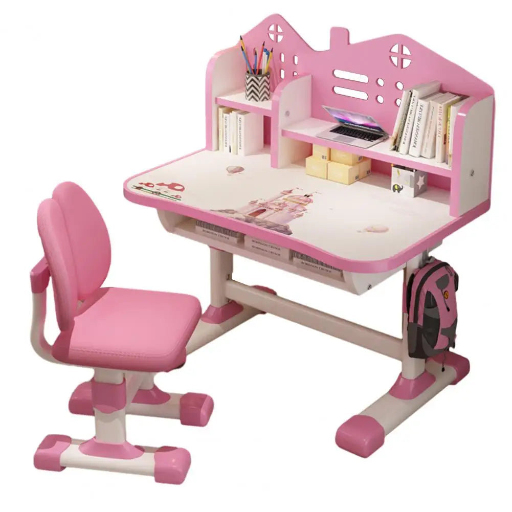 2Pcs/Set Study Desk Chair Set Cartoon Pattern Kids Adjustable Height Study Drawer Table with Chair Set