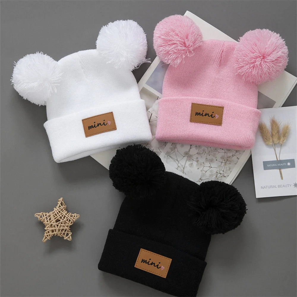 3pcs Breathable Stretchy Infant Knit Beanie with Heart Pompoms | Hand Washable, Mixed Colors