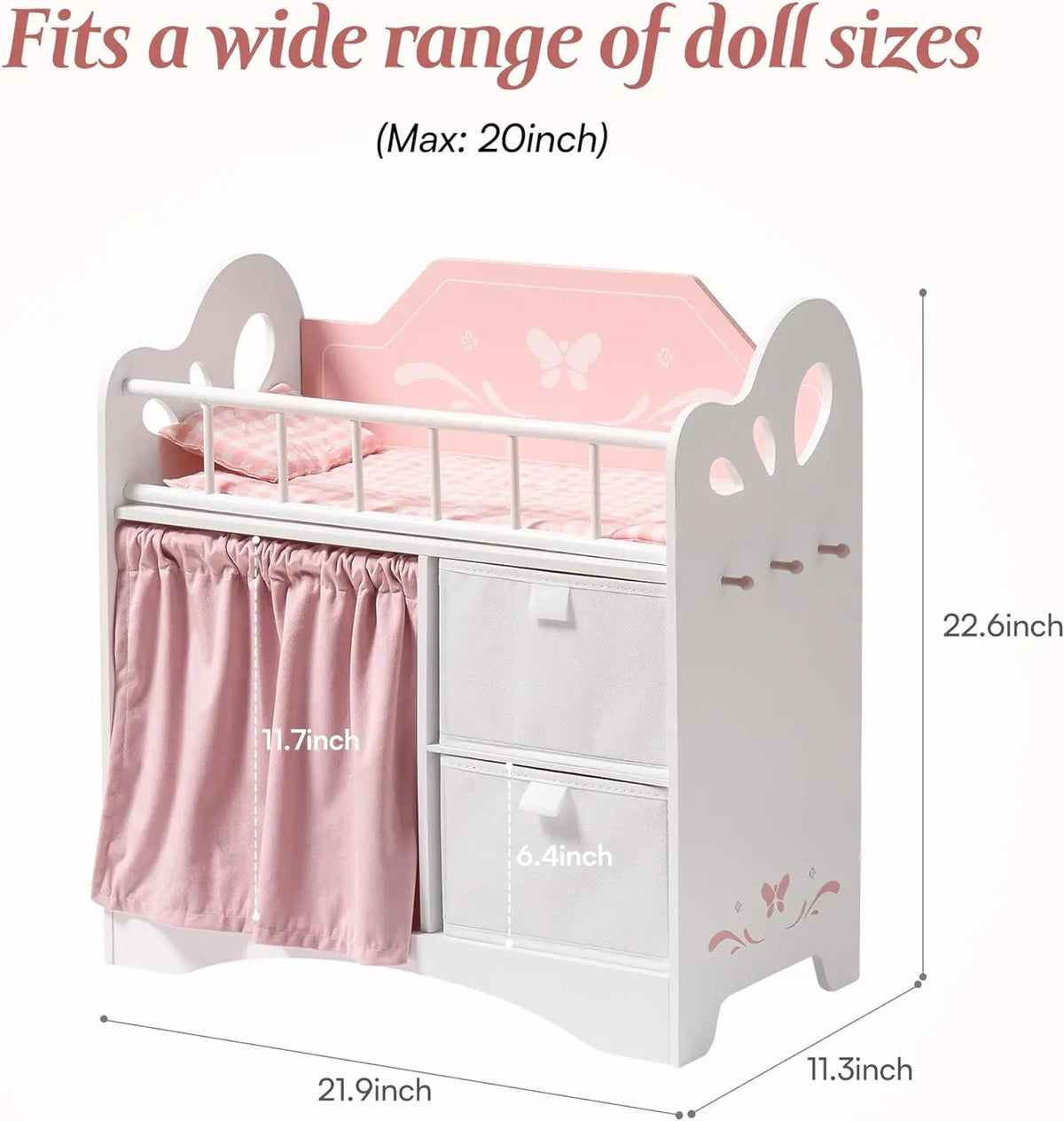 Baby Doll Crib Wooden Toy Baby Crib with Storage Bedding Wooden Hooks Doll Crib Fits Dolls up to 21" for Girls 3+ Pink