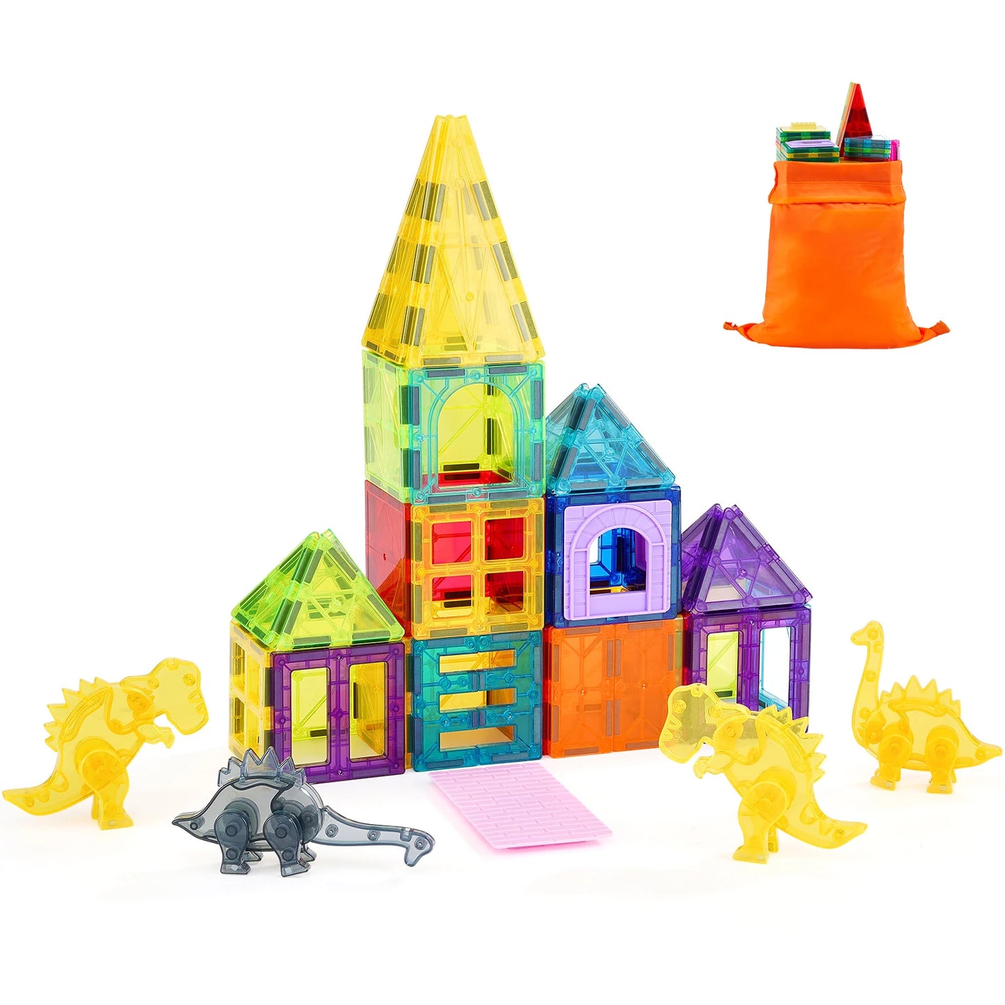 56PCS Magnetic Tiles Magnet Building Blocks with 4 Dinosaurs Construction Stacking Stem Educational Toys for Kids