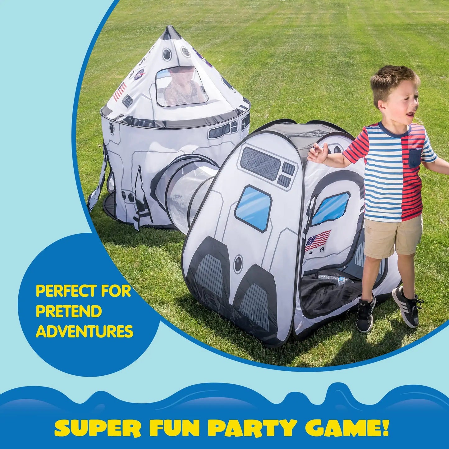 Rocket Ship Play Tents Set Pop up Play house with Tunnel 3-Piece Play Tent for Kids Pretend Play Birthday Gift