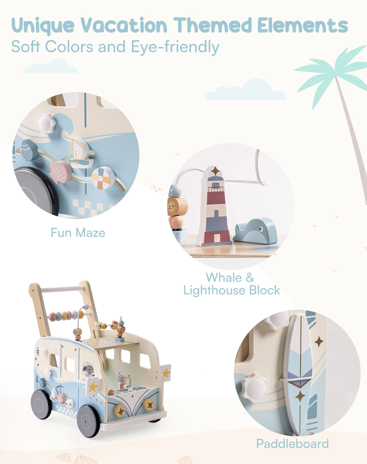 Blue Bus Baby Theme Activity Walker Push Walker Develop Motor Skills Imagination Perfect Birthday Gift for Toddlers