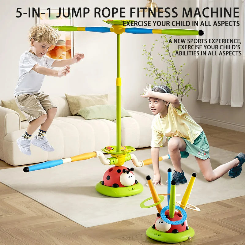 Ladybug Multifunctional Sports Educational Toy 5-in-1: Jump Rope Machine, Ring Toss, Jumping, Obstacle Avoidance, Rocket Launch Play. Children's Indoor and Outdoor Play Gift, a Must-Have for Boys and Girls' Birthdays