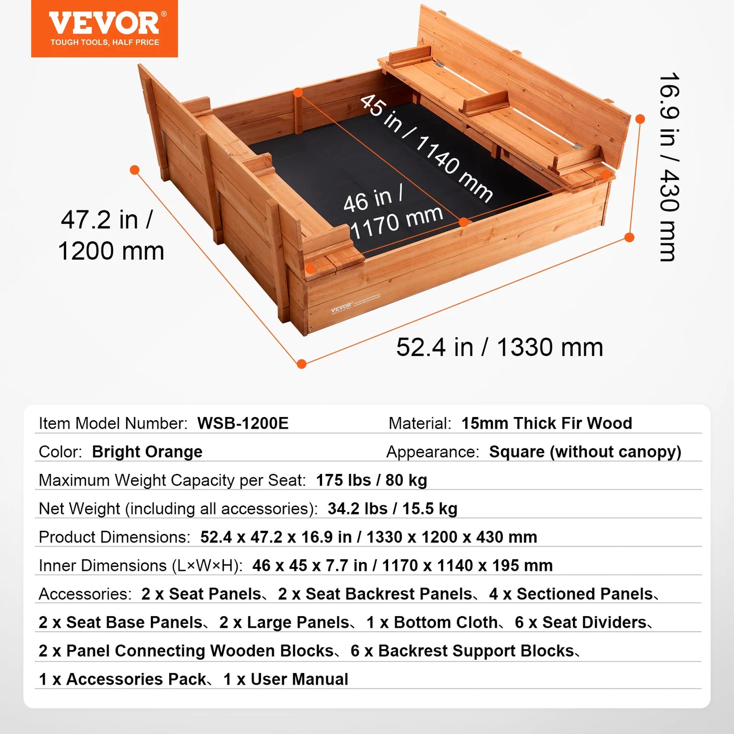 SucceBuy Sandbox with Cover in Square Sand Box Sand Pit with 4 Corner Seating and Bottom Liner Kids Sandbox for Outdoor for Kids