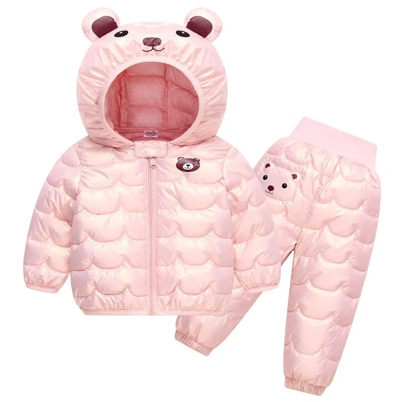 Winter Warm Girls Clothing Set New Baby Boys Cartoon Bear Hooded Waterproof Down Jacket Pants 2Pc Outfits Children Snowsuit Coat