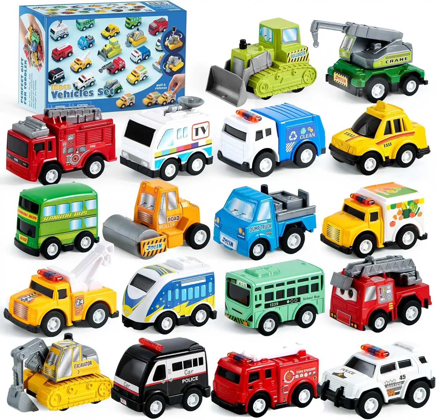 18 Pcs Pull Back City Cars and Trucks Toy Vehicles Set Friction Powered Cars for Kids Best Birthday Christmas Gifts