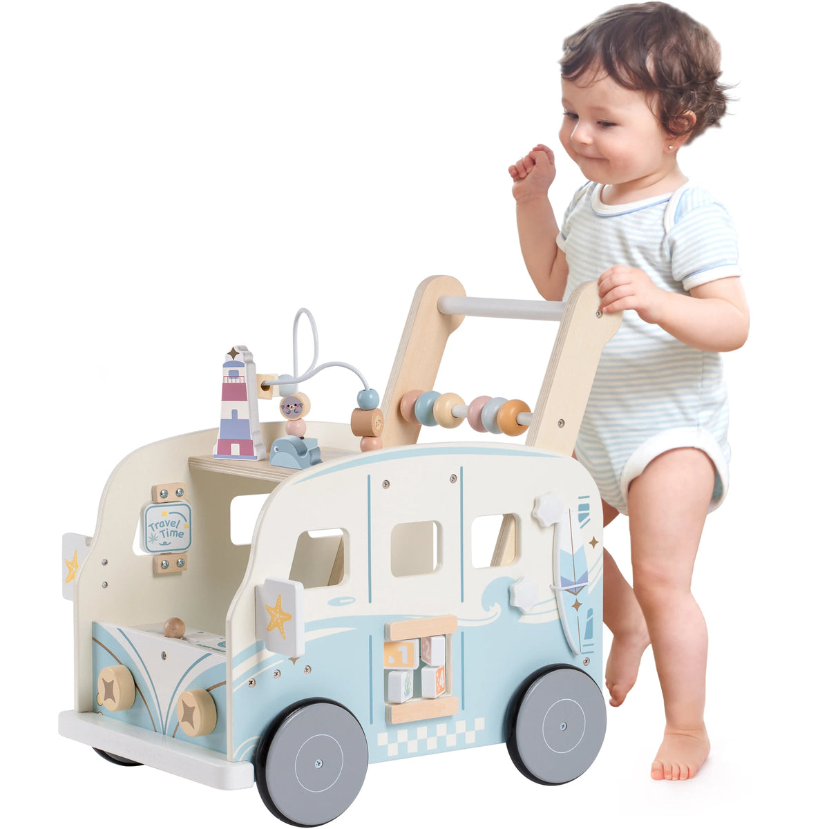 Blue Bus Baby Theme Activity Walker Push Walker Develop Motor Skills Imagination Perfect Birthday Gift for Toddlers