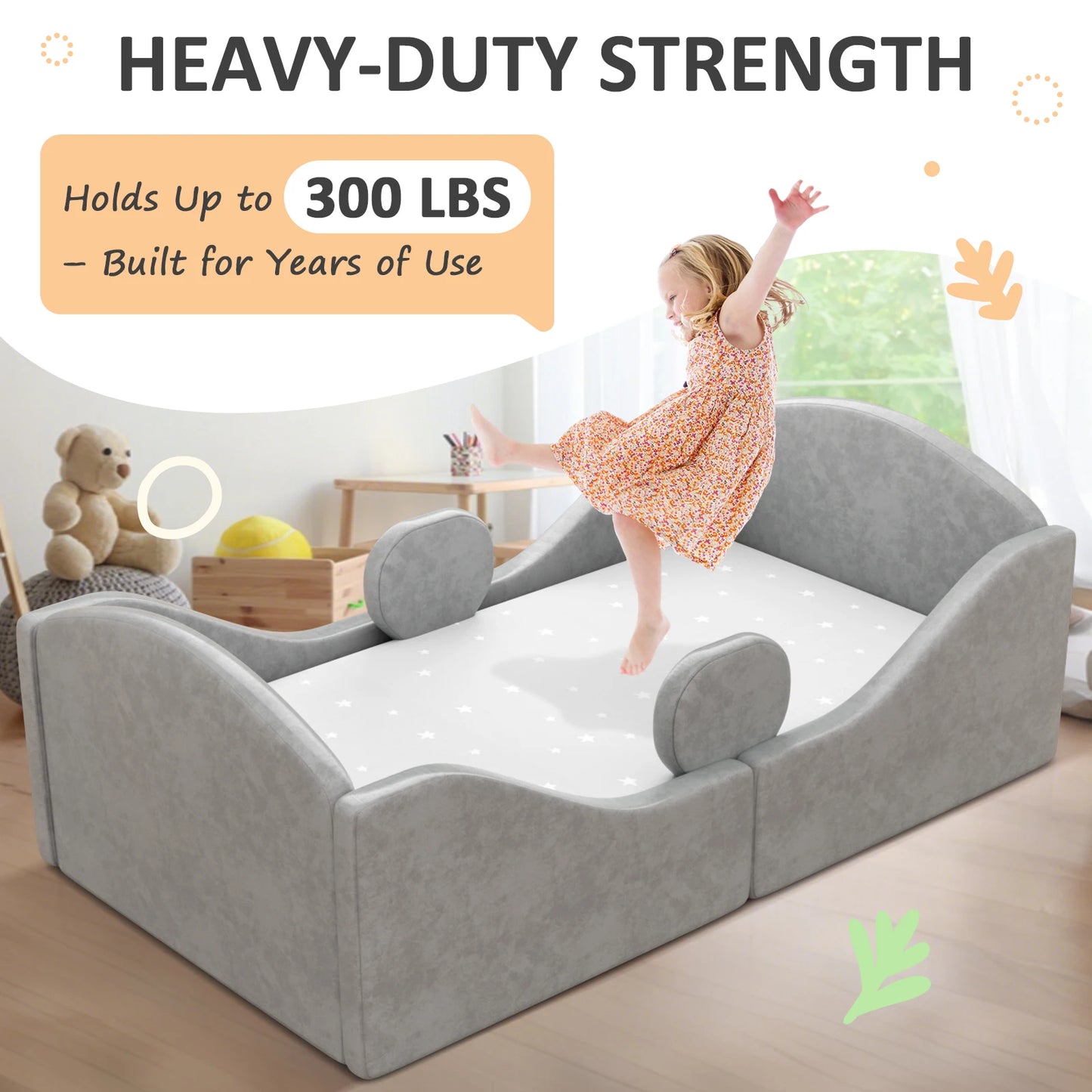 Toddler Bed, Certified Toddler Floor Bed with Removable Safety Rails, Kids Bed Frame, Standard Crib Size Ultra Soft Upholstered Kids Bed, Montessori Floor Beds for Girl Boy ( No Mattress)