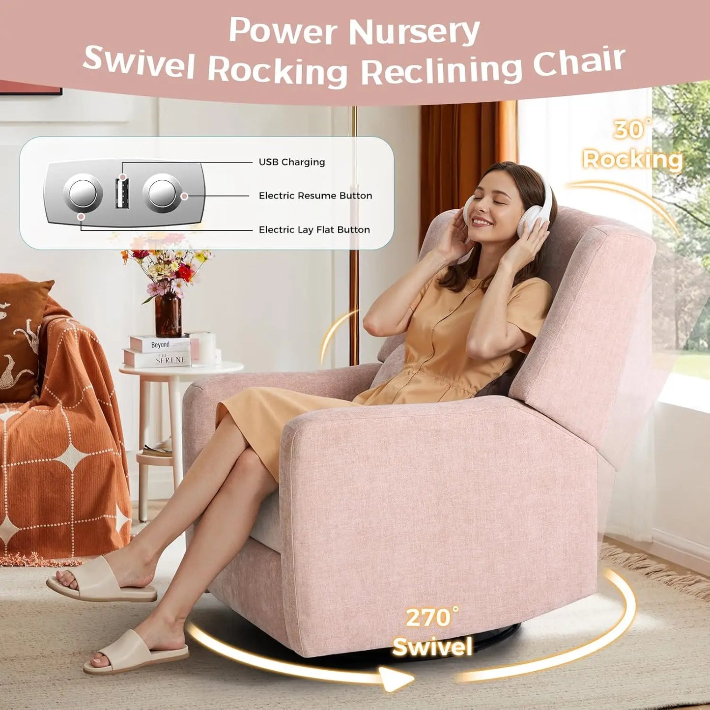 270° Swivel Nursery Rocking Recliner with Waist Pillow USB Port Comfy Glider for Living Room Bedroom, Customized