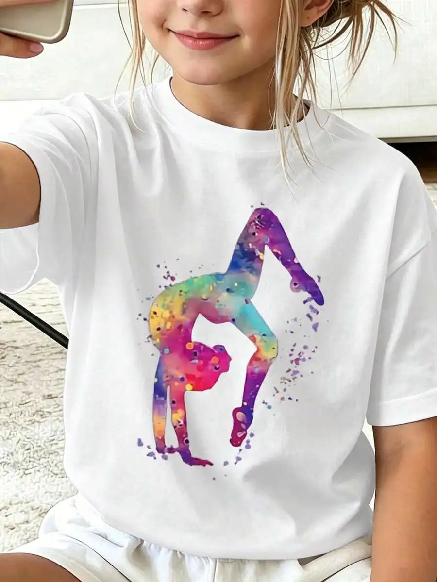 Girls' Casual Round Neck Short Sleeve Printed Yoga Dance Top, Summer New Arrival, Youthful Girl Fashion