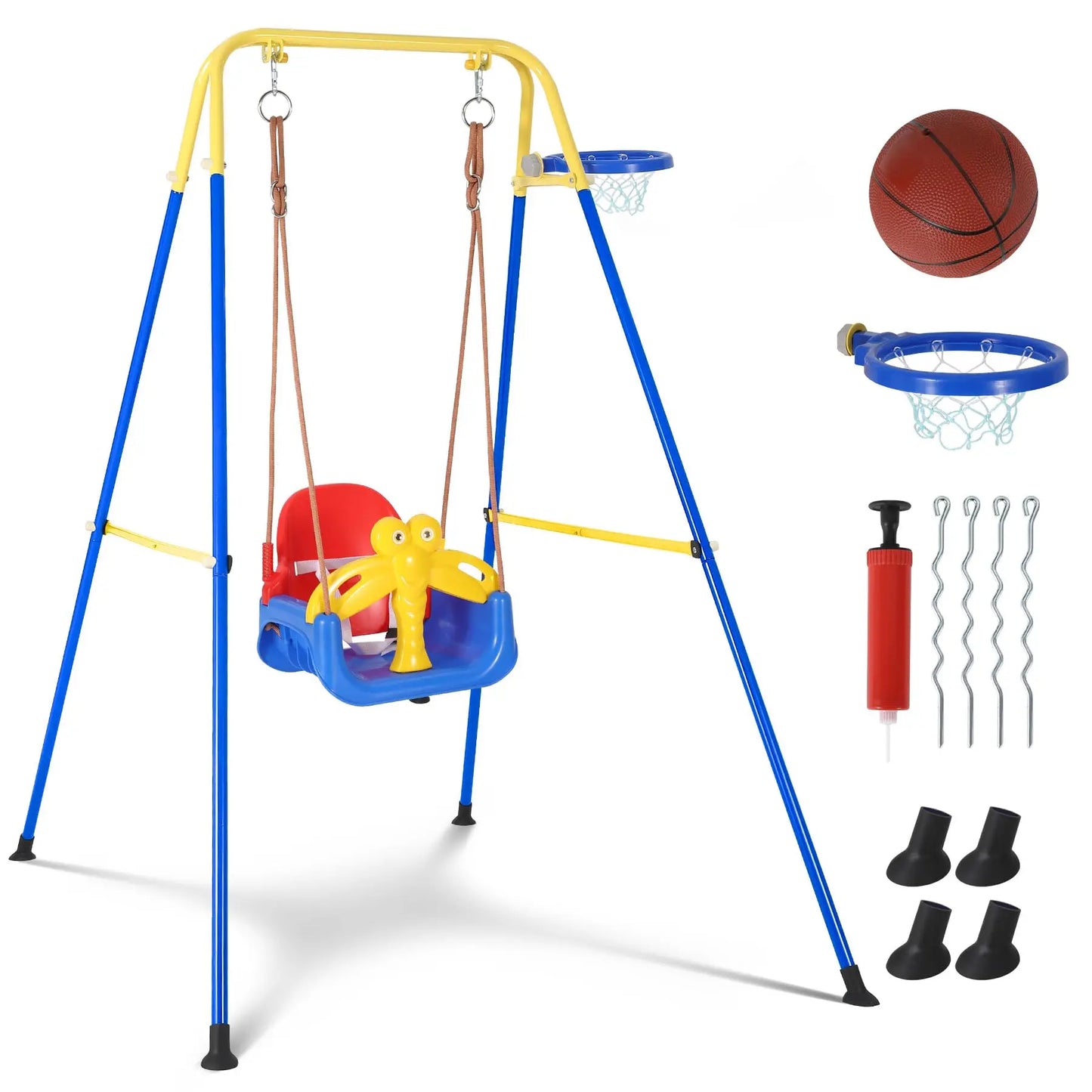 Toddler Swing Set Kids Playground Equipment Collapsible Metal Frame with Basketball Hoop Safety Belt Indoor Outdoor Toy for 6M+