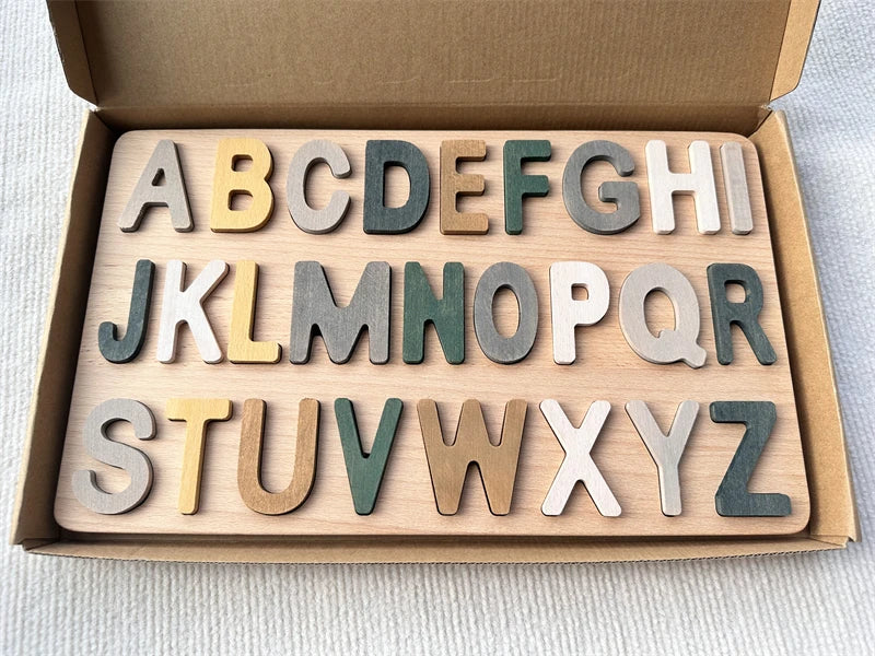 Montessori Wooden Tray  Rainbow Alphabet Puzzle Pastel ABC Learn Letters Educational Board for Kids