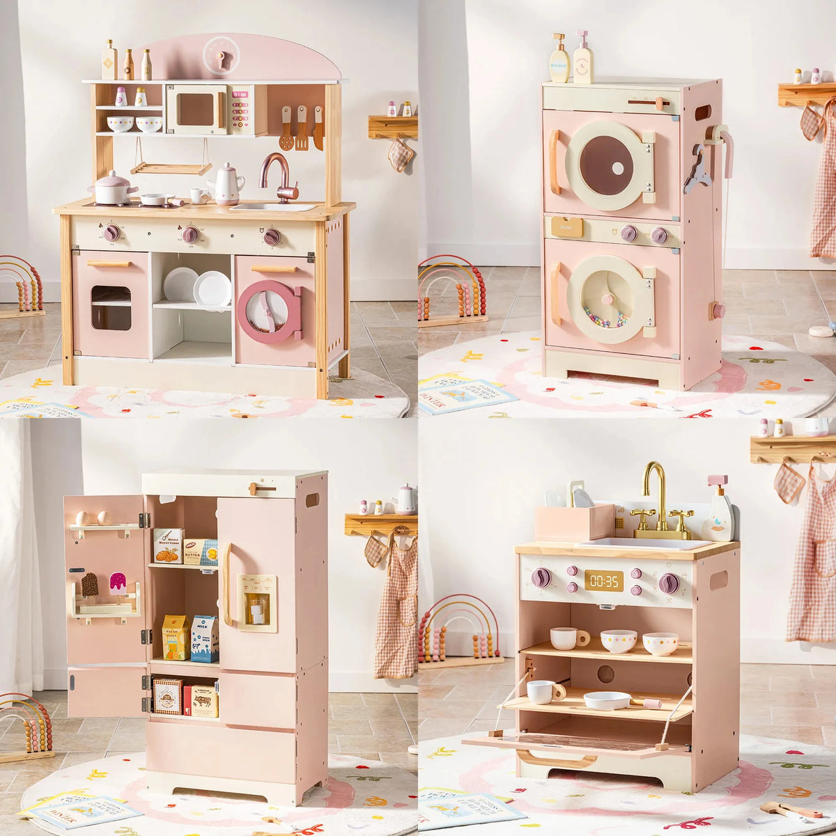 Kids Wooden Pink Play Kitchen All in 1 Corner Set Includes Oven Refrigerator Washer Perfect Birthday Gift for Little Chefs