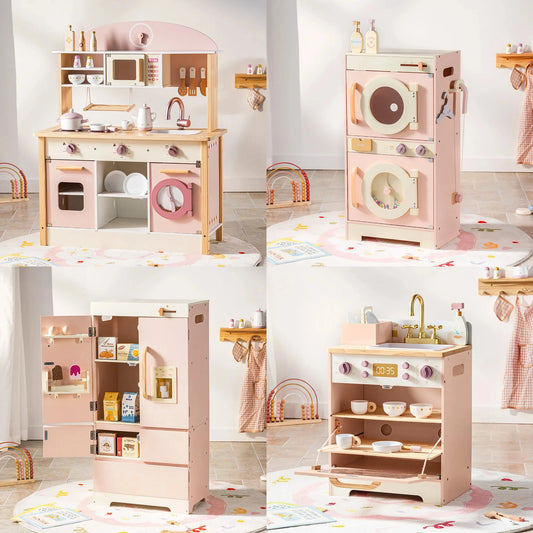 Kids Wooden Pink Play Kitchen All in 1 Corner Set Includes Oven Refrigerator Washer Perfect Birthday Gift for Little Chefs