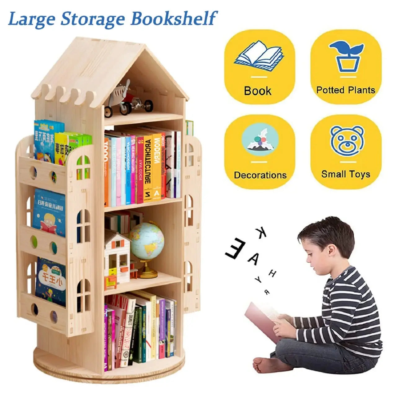 Large Rotating 360° Wood Castle Floor Standing Bookcase Kids Playroom Storage Shelf, Customized