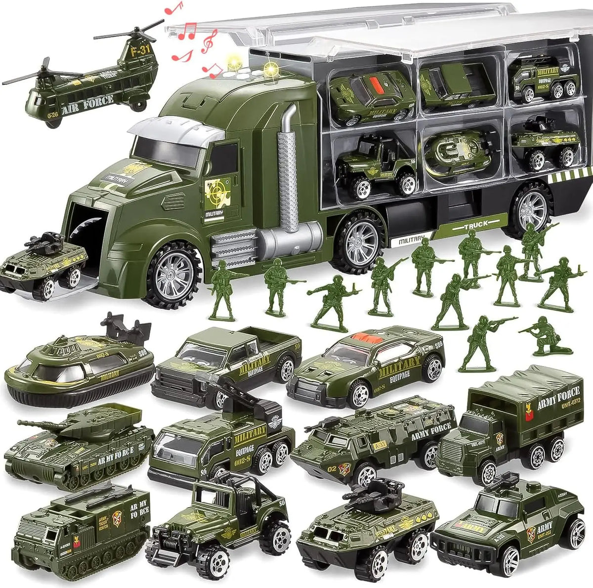 25 in 1 Green Military Big Truck Toys Army Men Tanks Set with Soldier Men Battle Car Toy in Carrier Truck for Boys Gifts