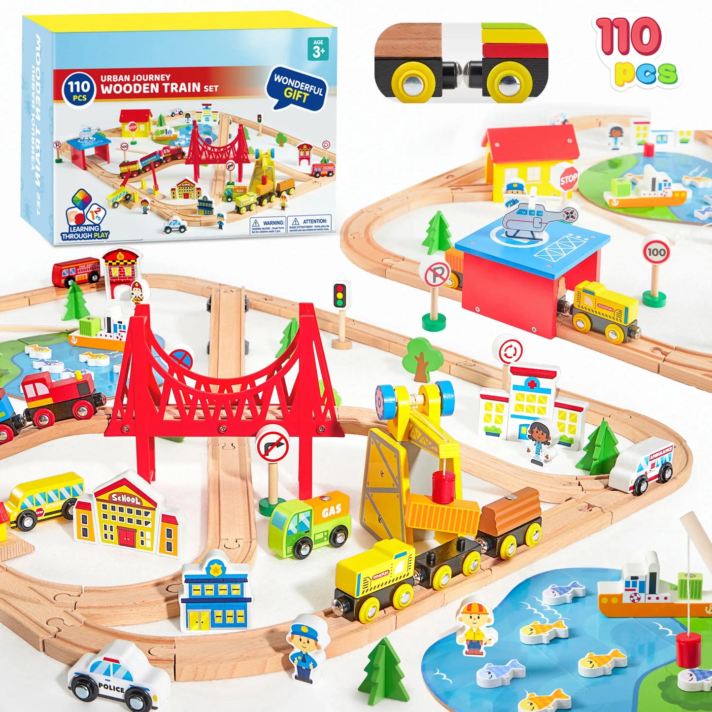 Joyfy 110/60 Pcs Wooden Train Set with Tracks City Scene Railway Set with Magnetic Trains Toy for kids Birthday Christmas Gift