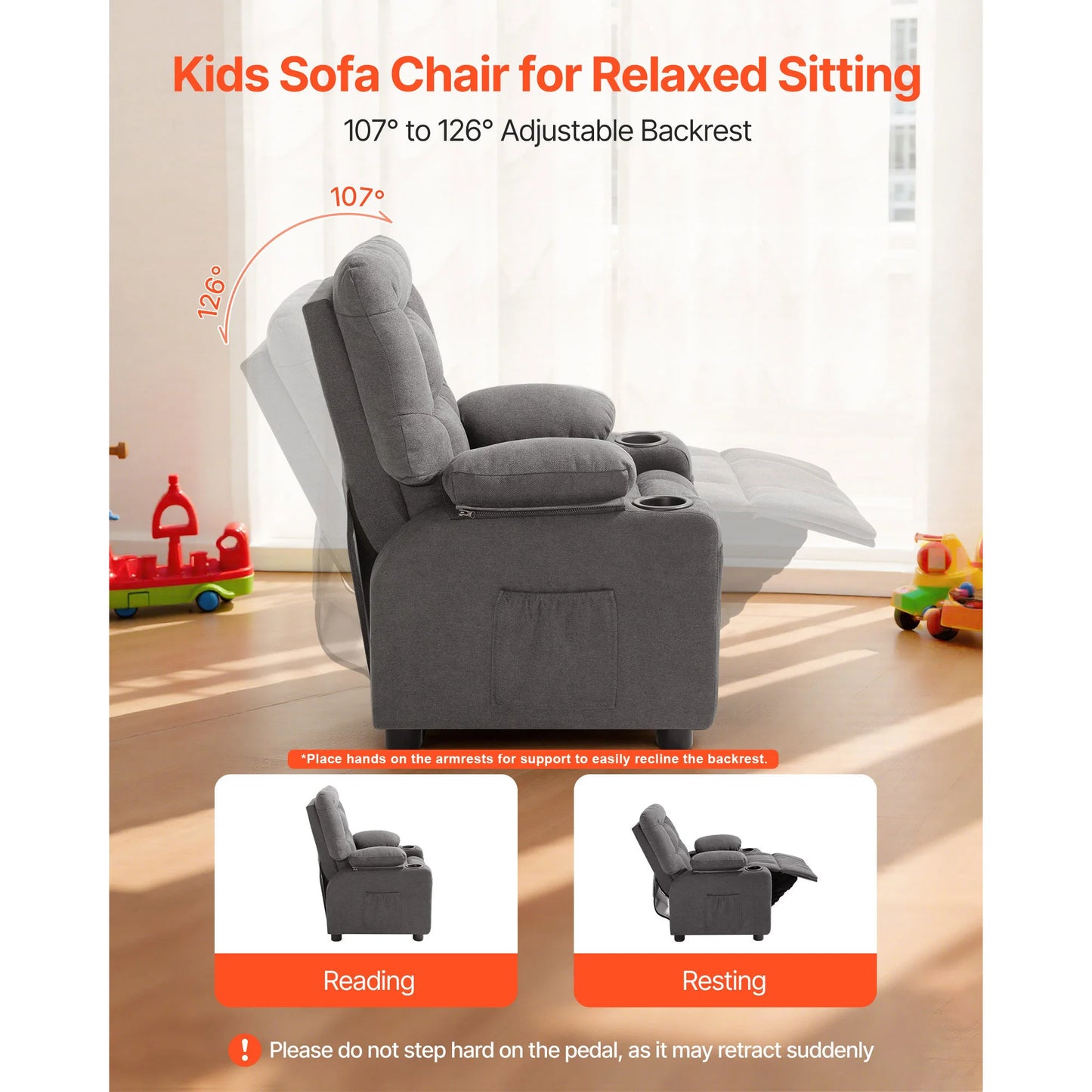 Kids Reclining Chair Toddler Recliner with Cup Holders and Pockets 107° to 126° Adjustable Backrest for Boys & Girls