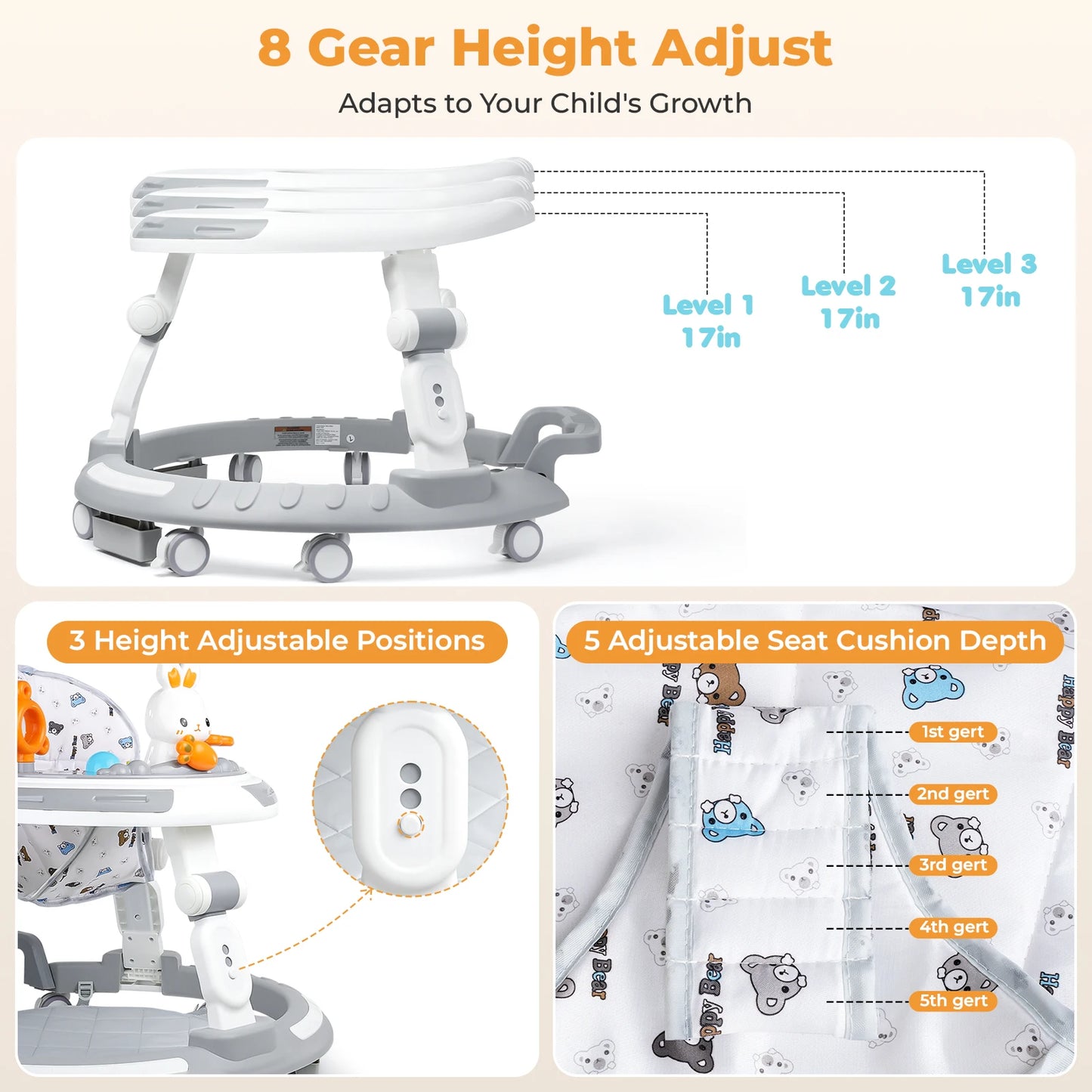 Safety-Enhanced 4-In-1 Grow-With-Me Baby Walker & Play Center - Adjustable 8 Heights, Anti-Tip Base, 8 Silent Brake Wheels