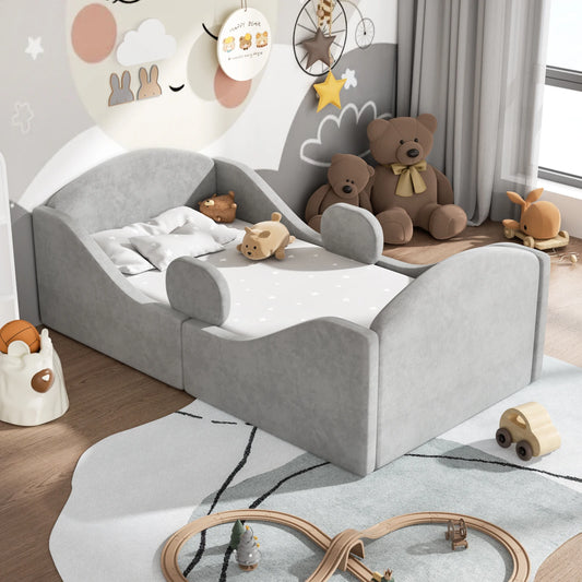 Toddler Bed, Certified Toddler Floor Bed with Removable Safety Rails, Kids Bed Frame, Standard Crib Size Ultra Soft Upholstered Kids Bed, Montessori Floor Beds for Girl Boy ( No Mattress)